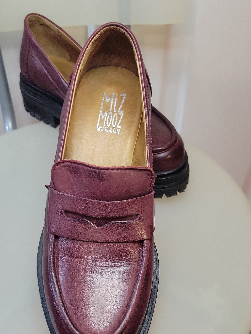 Miz Mooz Men's Burgundy Leather Penny Loafers with Black Lug Sole